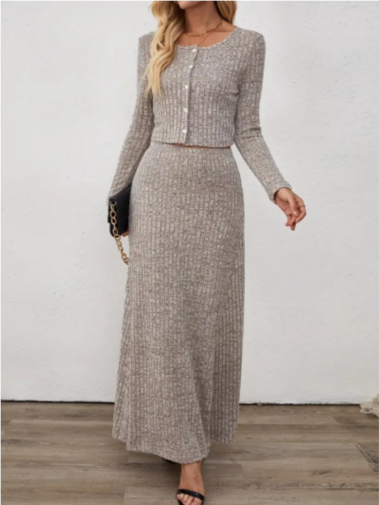 Oriented Fashion Elegant Autumn-Winter New Long-Sleeve Flared Skirt Button-Up Round Neck Cardigan Short Soft Temperament Midi Dress Set