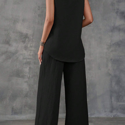 Sleeveless Textured Vest And Wide-Leg Button Front Pants Set