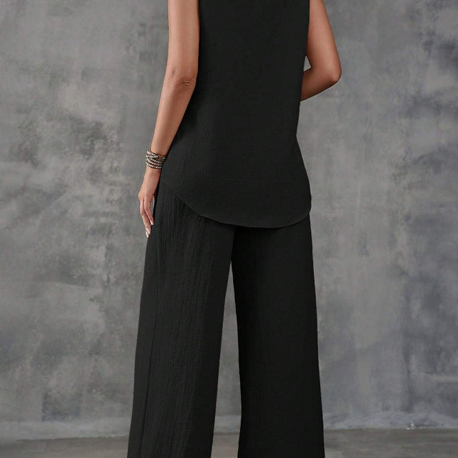 Sleeveless Textured Vest And Wide-Leg Button Front Pants Set