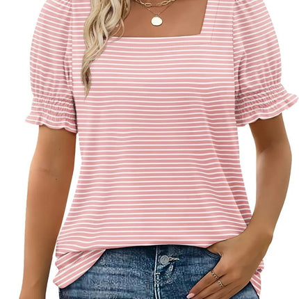 U-neck Petal Sleeve Loose Stripes T-shirt
