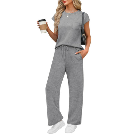 Round Neck Loose Short Sleeves Pocket Pants Casual Set