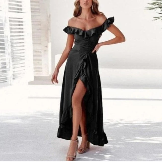 Large Sloping Shoulders with Ruffles Dress