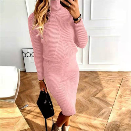 Turtleneck Knitting Solid Color Suit Skirt