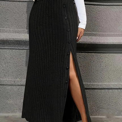 Knitted Dress Sunken Stripe Slit Fastener Decoration Sheath Skirt