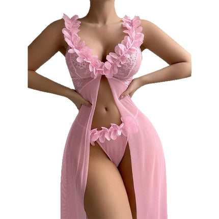 Slit See-through Suspender Nightdress Two-piece Set