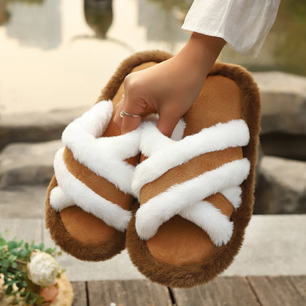 Fluffy Cross Strap Stitching Warm Slippers
