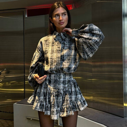 Women's Plaid Design Ruffled Suit