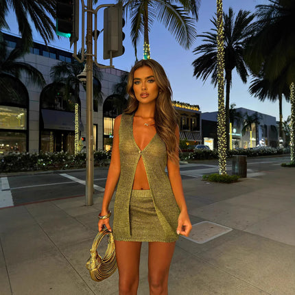 Solid Color Sparkling Bead Cardigan Vest Skirt Set