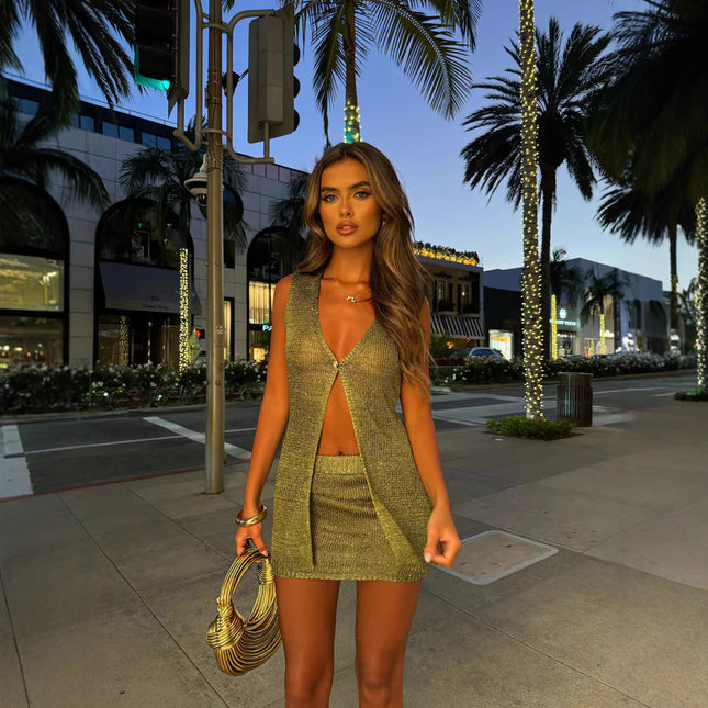 Solid Color Sparkling Bead Cardigan Vest Skirt Set