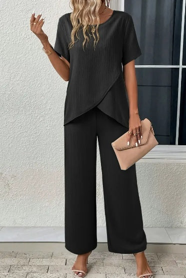 Conjunto de 2 piezas de top elegante de manga corta con cuello redondo y pantalones largos