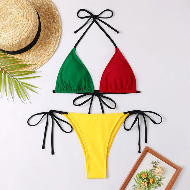 Color Contrast Patchwork Bikini Tether Split Swimsuit