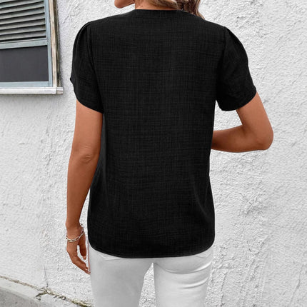 Half-open Collar Short Sleeve Shoulder Creasing Blouse