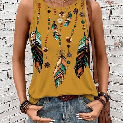 Women's Feather Print Vest Summer Print