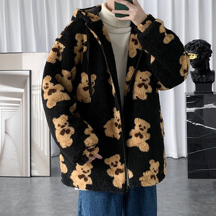 Cotton Hooded Bear Print Sweater Coat