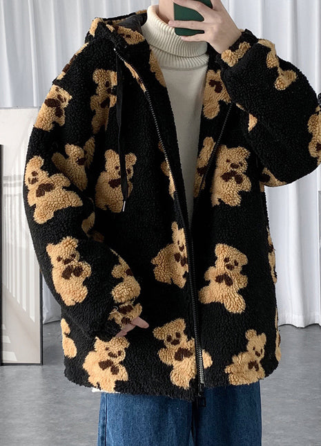 Abrigo de punto con capucha y estampado de oso de algodón