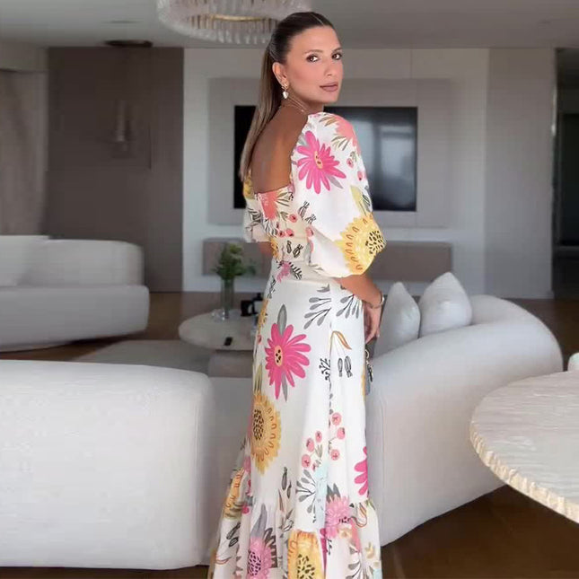 Square Collar Puff Sleeve Waist Trimming Stitching Dress