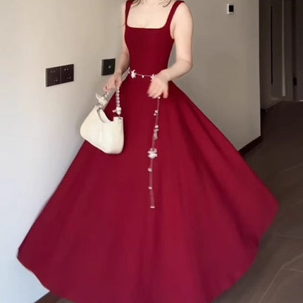 Red Slip Dress Summer French Square Collar