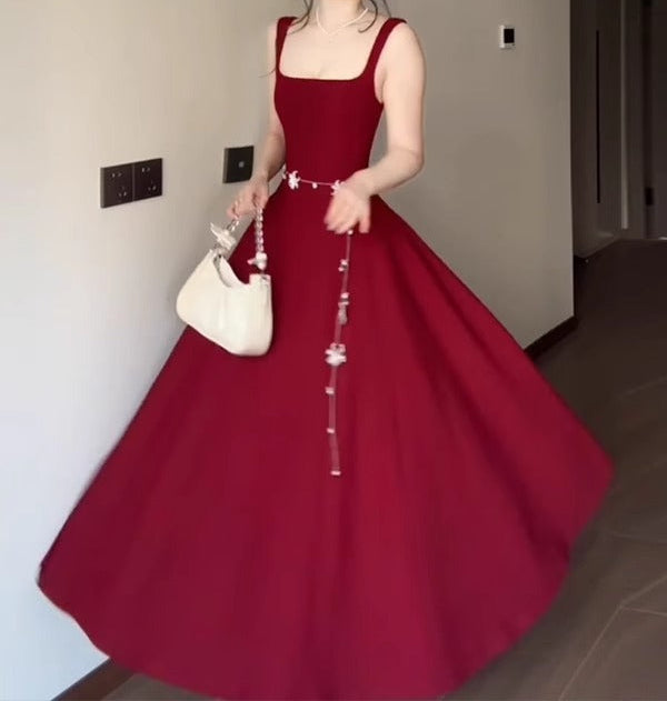 Red Slip Dress Summer French Square Collar