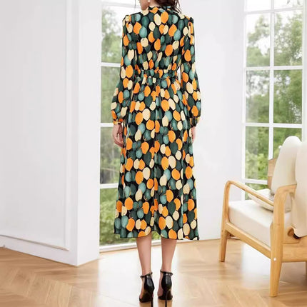 V-neck Long-sleeved Mid-skirt High Waist Button Dress