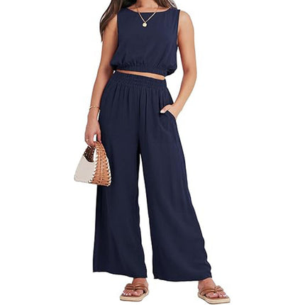 Round Neck Sleeveless Lower Hem High Waist Wide Leg Two-piece Set