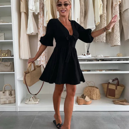 Short Sleeve Casual V-neck Sahara Plaid Dress