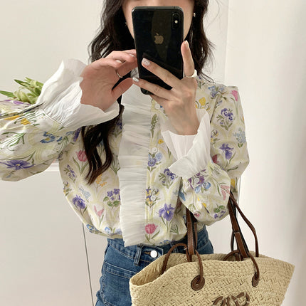 Romantic Turtleneck Patchwork Ruffled Flare Sleeve Shirt