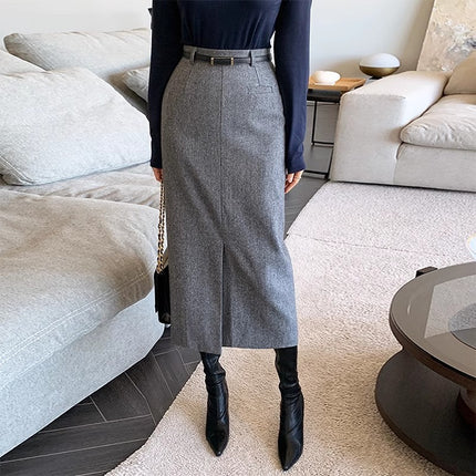 Gray Autumn and Winter Thickened High Waist Mid-Length Sheath Skirt