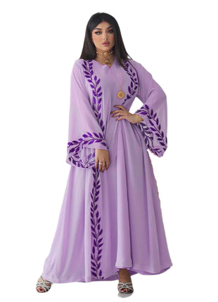 Chiffon Long Embroidered Crew Neck Abaya with Headscarf