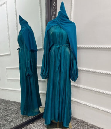 Bubble Sleeve Cardigan Elegant Long Lanyard Abaya with Headscarf