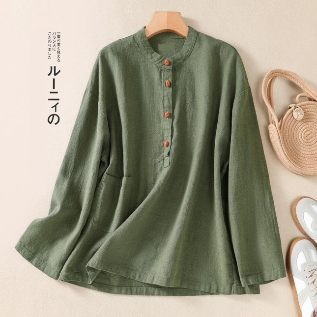 Cotton And Linen Japanese Autumn Artistic Stand-up Collar Buckle Pullover Shirt