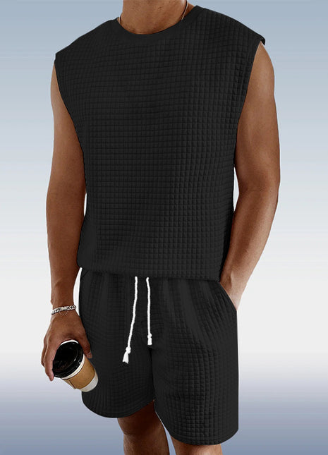 Conjunto de dos piezas de top sin mangas con tirantes finos y shorts a cuadros pequeños