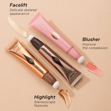 An image showcasing various beauty products including a highlighter, contour cream, and blusher. The highlighter is in a gold tube, the contour cream in a rose gold tube, and the blusher in a pink tube, each with a small sample amount applied to the skin to demonstrate the effect.