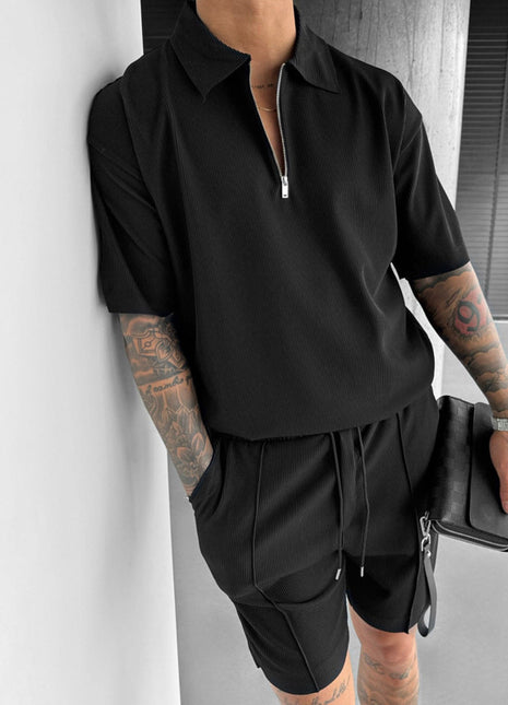 Polo de Cremallera Manga Corta Casual y Conjunto de Pantalones Cortos con Cordón