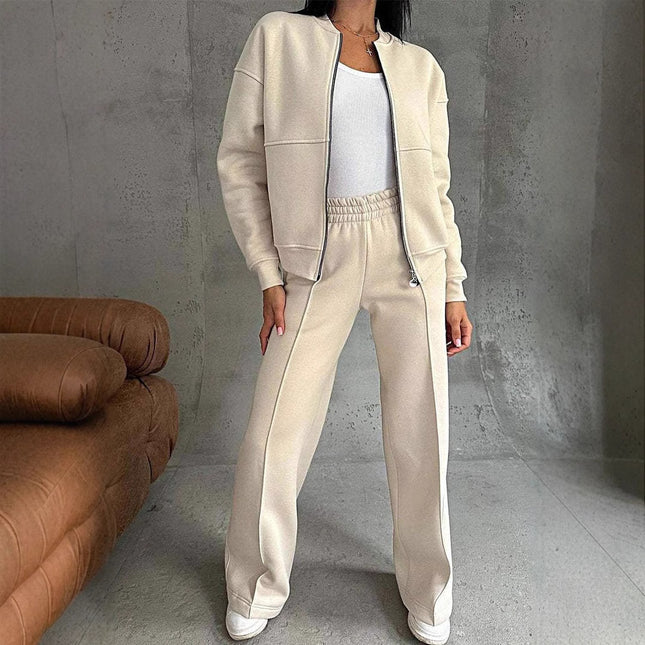 Zipper Jacket and Wide Leg Pants Set