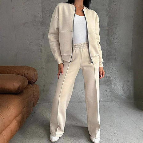 Conjunto de chaqueta con cremallera y pantalón de pierna ancha