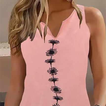 Casual Floral Print Notch Neck Sleeveless Top