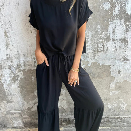 Short-sleeved Round Neck Pullover Top and Drawstring Wide-leg Pants Set