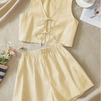 Elegant Striped Knit Tank Top And High-Waist Loose Shorts Set
