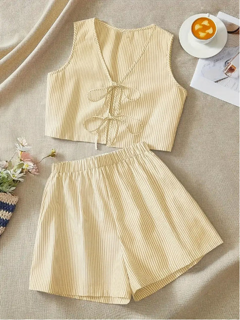 Elegant Striped Knit Tank Top And High-Waist Loose Shorts Set