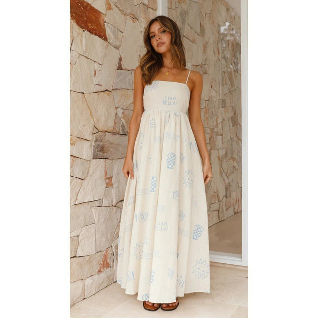 White & Sky-Blue Back Cutout Sling Dress