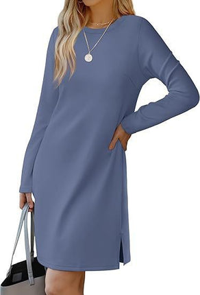 Round Neck Slit Hemline Sweater Long Sleeve Dress