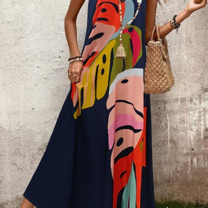Colorful Leaf Printed Strappy Maxi Dress