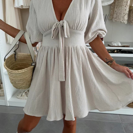 Short Sleeve Casual V-neck Sahara Plaid Dress