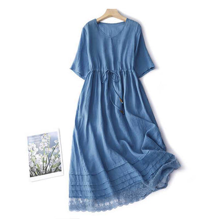 Ramie Mori Style Retro Crew Neck Dress