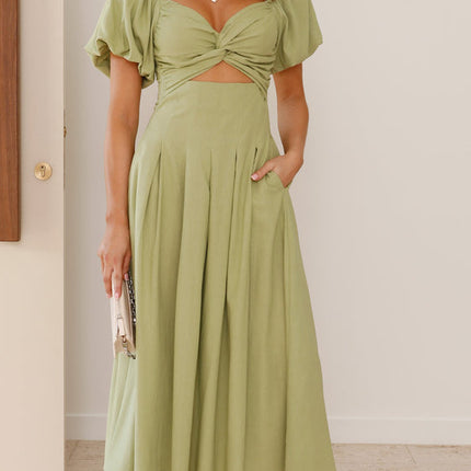 V-neck Long Puff Sleeve Long Slimming Dress