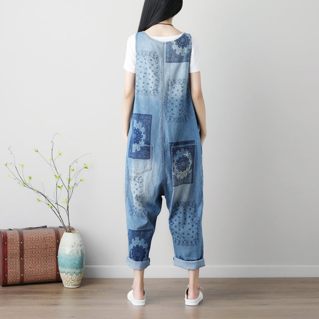 Sleeveless Washed Ripped Denim Suspender Overall