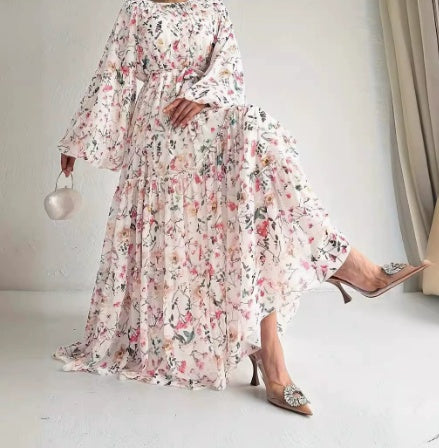 Chiffon Floral Long Dress with Belt – Elegant Maxi Dress