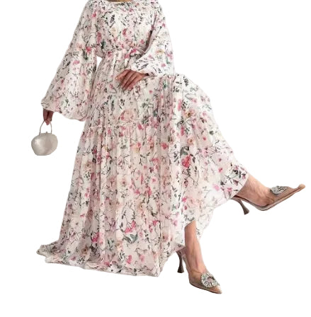 Chiffon Floral Long Dress with Belt – Elegant Maxi Dress