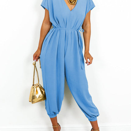 V-neck Lace-up Waist Wide Leg Jumpsuit