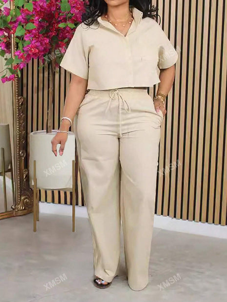 Conjunto de Camisa de Manga Corta y Pantalones de Pierna Ancha